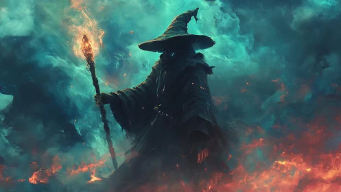 Hooded fire mage commands swirling cyan and orange storm