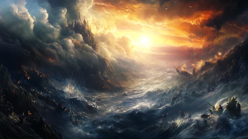 Storm-lashed fantasy citadel amid apocalyptic sunrise seas.