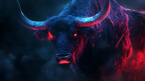 Bioluminescent cyber-bull in dual-tone volumetric fog field.
