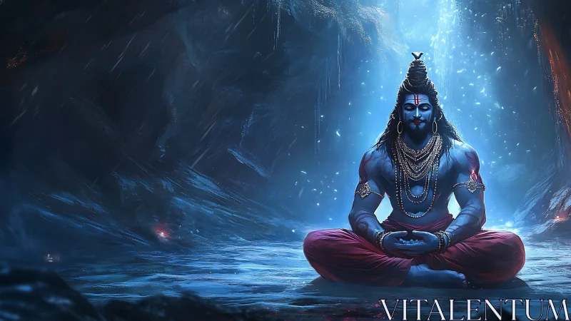 Divine blue yogi in icy cavern with luminous volumetric light.