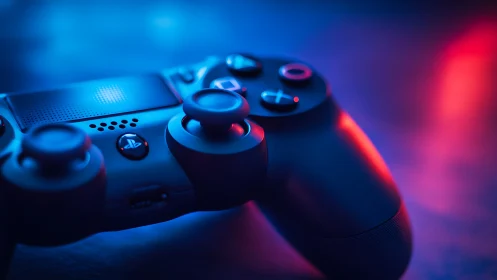 Gaming Controller Bathed in Neon Blue and Pink Glow
