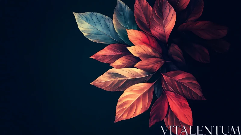 Color graded autumn leaves cluster on dark background.