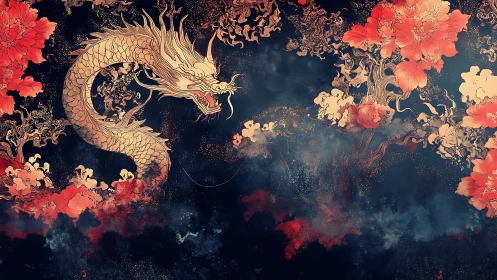 Gold serpentine dragon with crimson florals on indigo void.