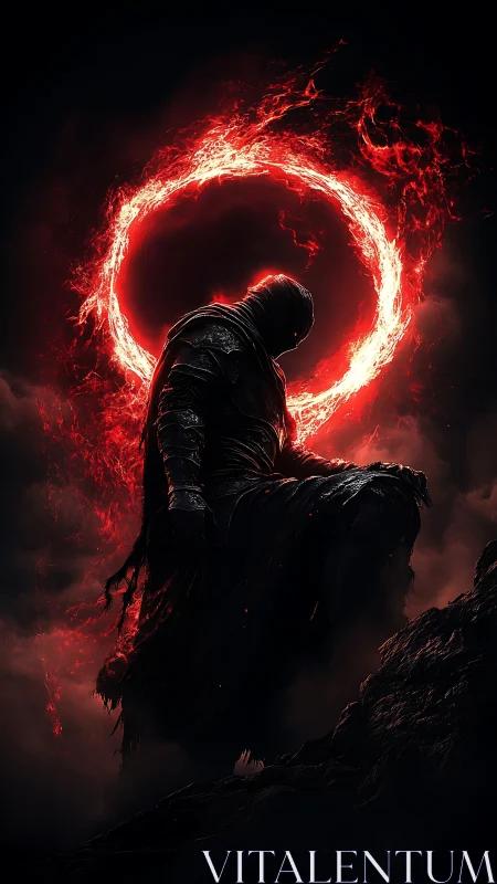 Shadowbound knight kneels beneath a blazing infernal halo.