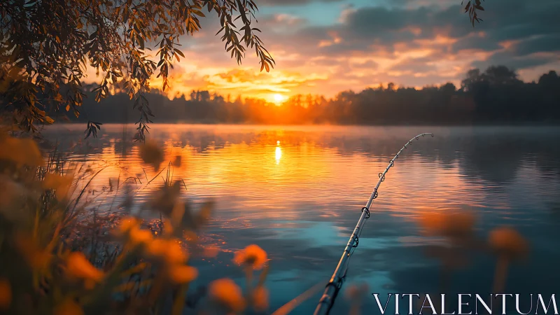 Sunlit fishing rod leans into a lake of molten sunrise glow.