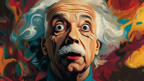 Whimsical wild-haired thinker in a swirl of bold color.