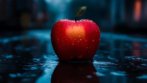 Red apple with water droplets on reflective wet surface.