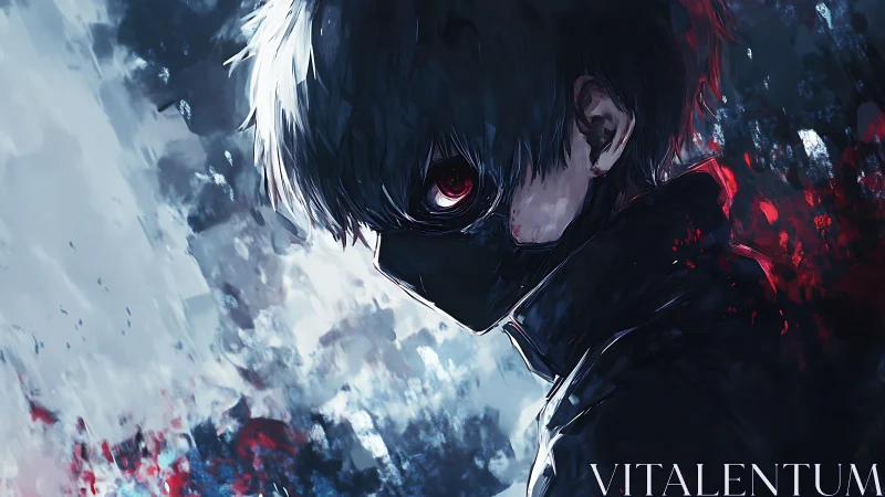 Masked white haired figure in dark red and blue setting.