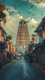 Sunlit temple street alive with everyday city stories.