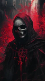 Crimson cloaked reaper smiles through cathedral shadows