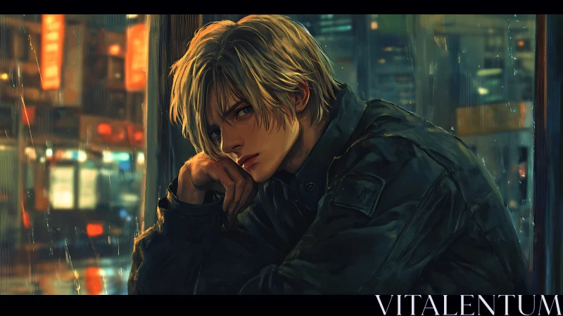 Blond male subject sits by rainy city window at night