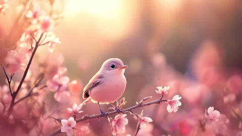 Small pink bird perched on flowering branch in soft focus landscape.