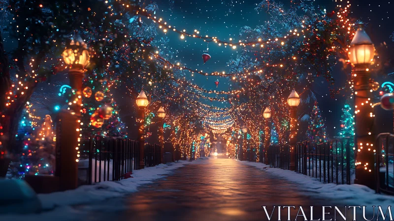Sparkling winter walkway wrapped in festive holiday lights.