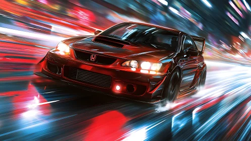 Red tuner car cuts neon city streets at blistering speed.