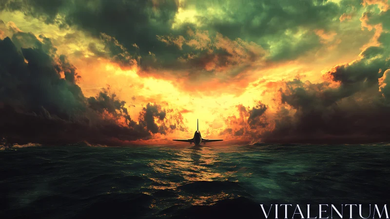 Digital seaplane silhouette under stormlit sunset sky.