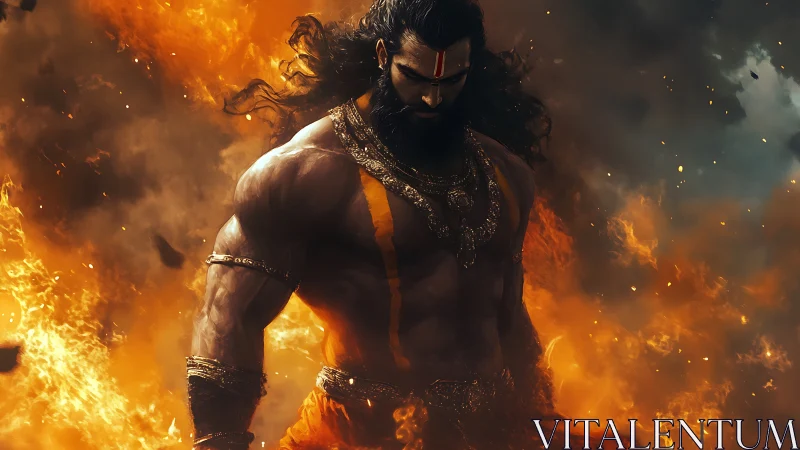 Mythic warrior in flames with intense, focused stance.