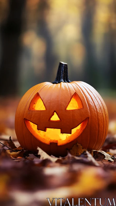 Carved jack o lantern on autumn forest floor at dusk.