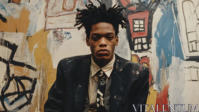 Young man in painted suit poses before expressive urban mural.