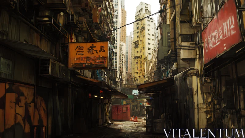 Narrow urban alley with aging high-rises and signage.