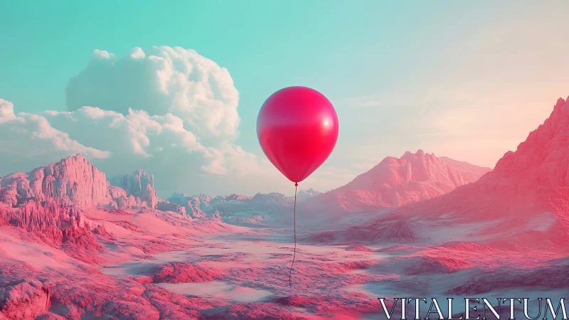 Bright pink balloon drifting over dreamy pastel canyon.