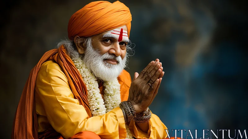 Photorealistic portrait of elderly guru in folded-hand pose.