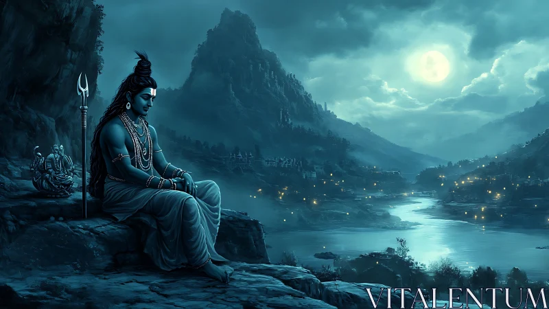 Moonlit blue deity resting beside a peaceful river valley.