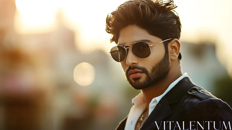 Man with sunglasses stands outdoors in shallow depth of field