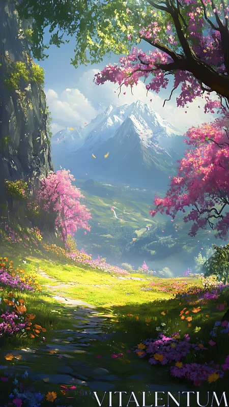 Sunlit alpine meadow path framed by vivid blossom trees