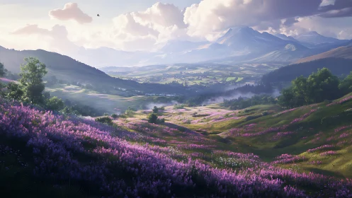 Lavender valleys breathe under daybreak’s wandering mountains.
