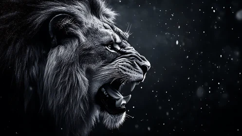Roaring lion profile in stormy monochrome nightscape.