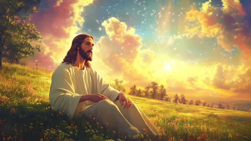 Serene robed figure in radiant sunset meadow with glowing sky.