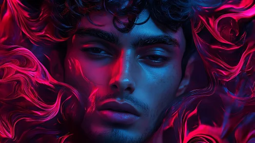 Neon-lit male portrait merges glowing swirls and calm gaze