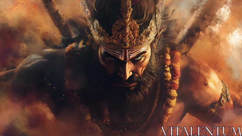 Blazing warrior demigod emerges from storm of sacred fire.