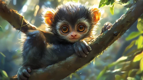 Juvenile primate on sunlit branch with soft bokeh foliage