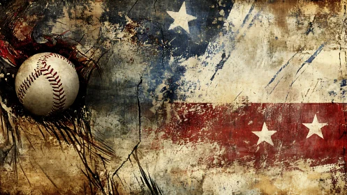 Grunge digital painting of baseball with distressed US flag field.