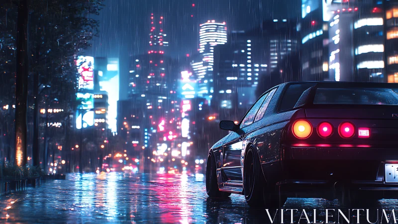 Parked sports car on wet city street under night rain.