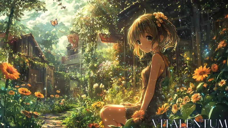 Girl sitting in sunlit garden courtyard with abundant flowers.