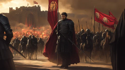 Armored commander leads cavalry phalanx before burning fortress