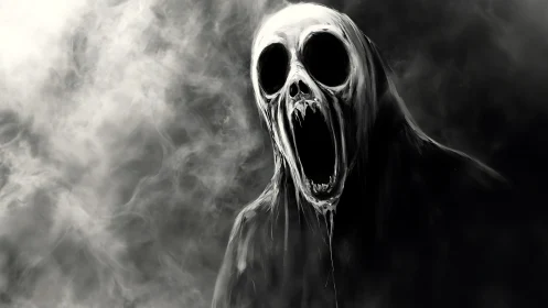 Monochrome spectral figure with elongated skull-like visage