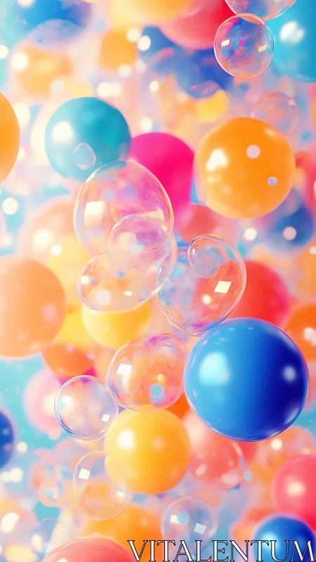 Floating neon bubbles drift through a dreamy pastel sky