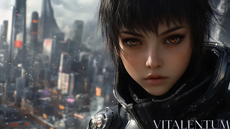 Cybernetic pilot portrait with amber eyes over neon megacity.