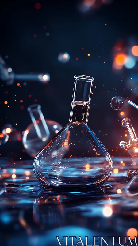 Laboratory flask captures luminous fluid in bokeh-rich space