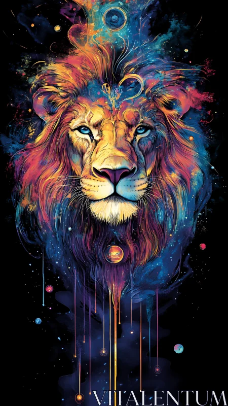 Lion portrait rendered in multicolor cosmic digital abstraction