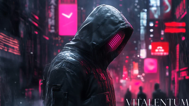 Neon hooded cipher stalks through rain-soaked cyber city