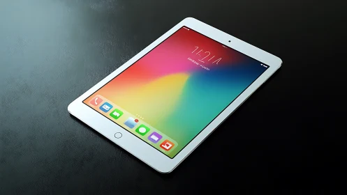 White iPad displays vibrant gradient interface with app icons.