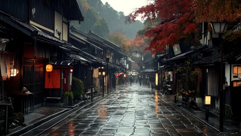 Lanternlit Kyoto alley soaking in autumn rain hush.