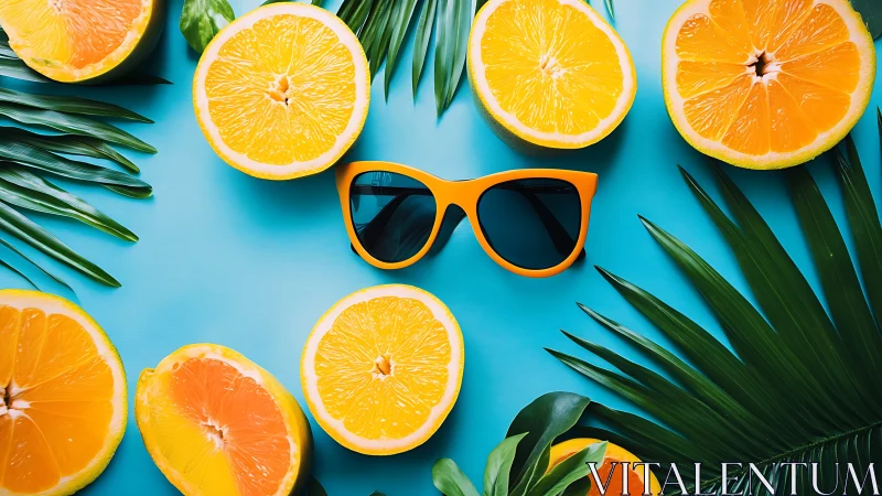 Orange sunglasses amid citrus halves on aqua summer backdrop.