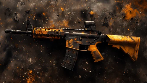 Burnt-orange tactical rifle amid dynamic debris field.