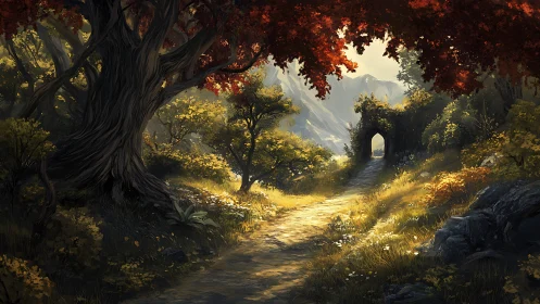 Forest pathway with stone arch gate, autumn foliage