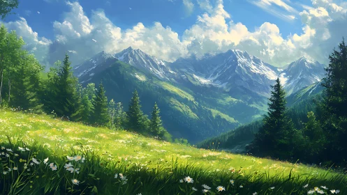 Snow-capped mountains rise beyond sunlit alpine meadow